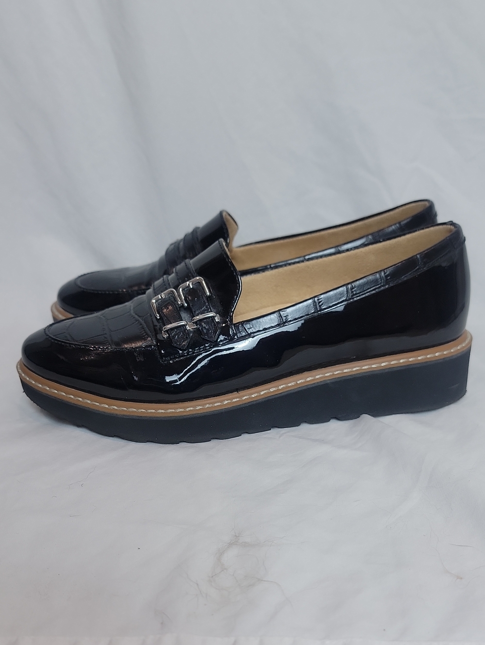 Naturalizer Eiffel Black Faux Crocodile Leather Platform Loafer, Size 7M